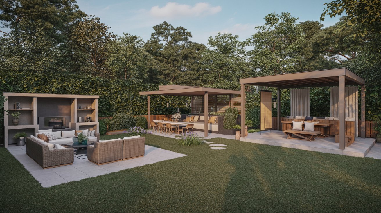  backyard scene featuring a gazebo surrounded by outdoor furniture, creating a cozy and inviting atmosphere.