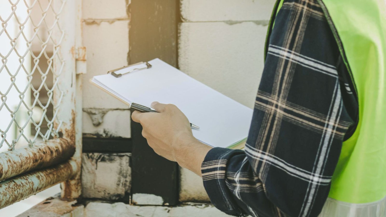 A man wearing a safety vest holds a clipboard, likely reviewing safety protocols on a worksite.