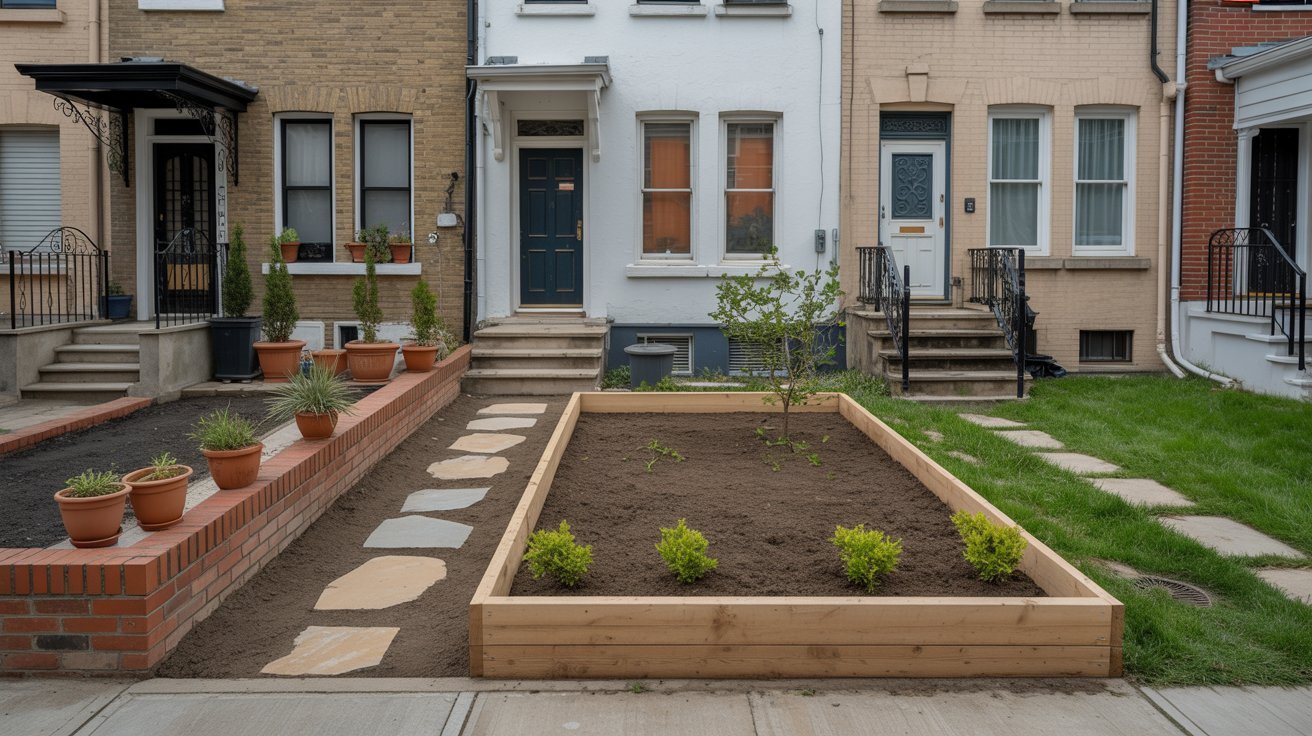 A garden bed filled with various plants alongside a neatly arranged brick walkway.
