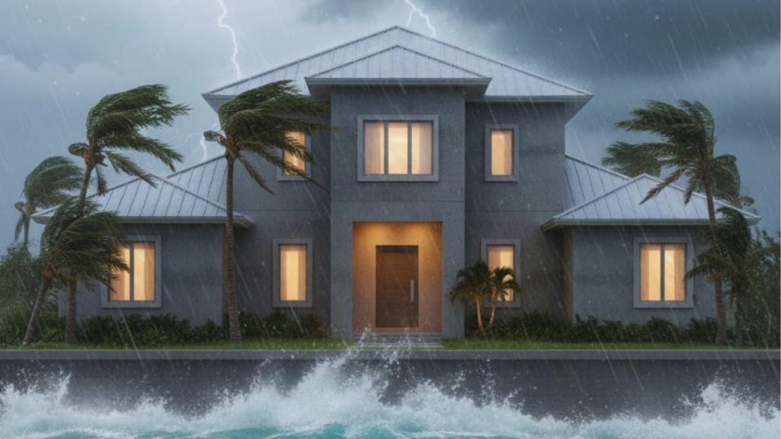 A house stands in the foreground as a large storm looms ominously in the sky above it.