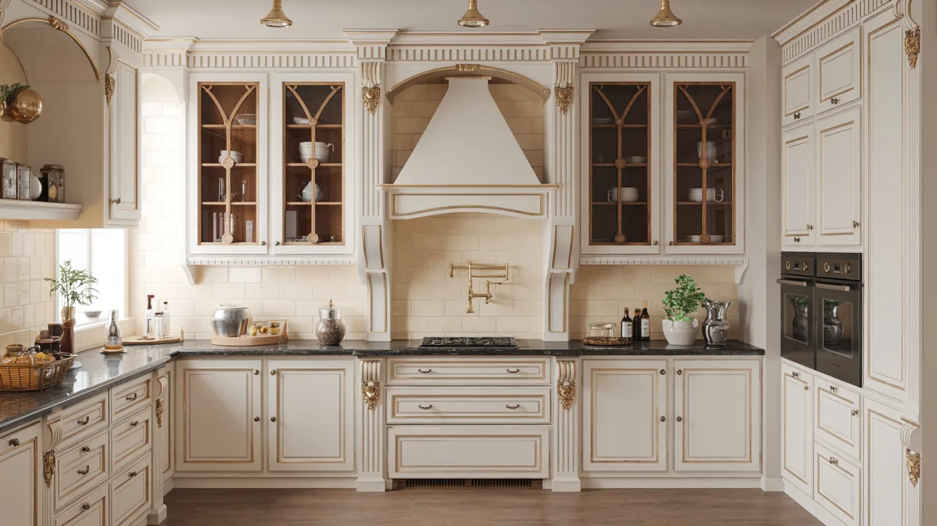A modern kitchen featuring white cabinets complemented by elegant gold accents.