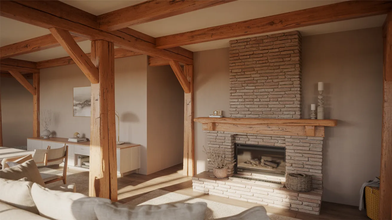 A cozy living room featuring a fireplace and exposed wooden beams on the ceiling.

