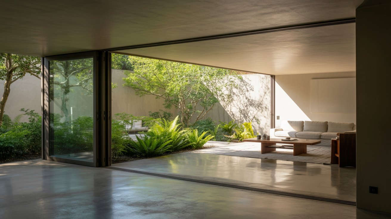 A contemporary living room with expansive glass doors, allowing natural light to fill the space.