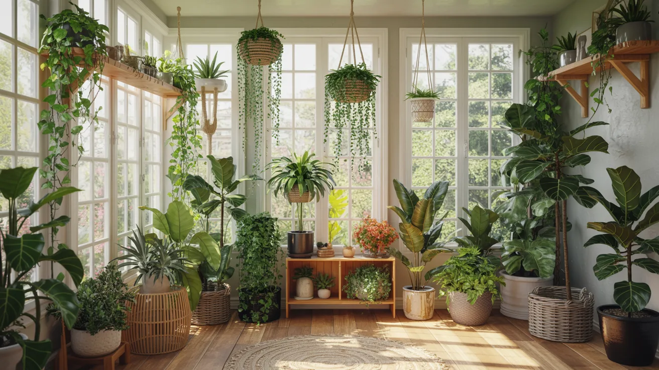 A bright room filled with various potted plants, creating a vibrant and lush indoor garden atmosphere.