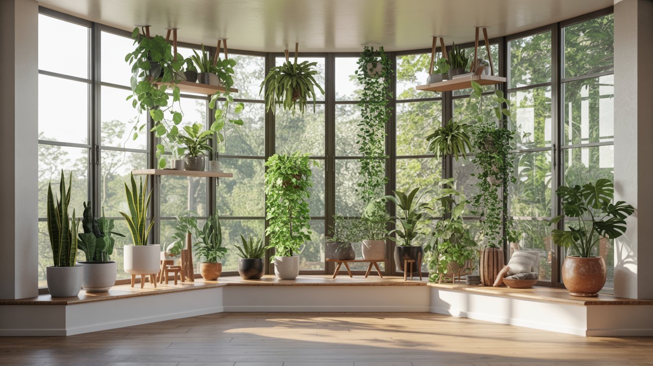 A bright room filled with various potted plants, creating a vibrant and lush indoor garden atmosphere.