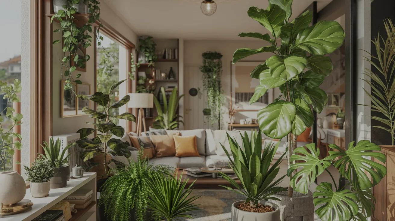 A cozy living room featuring various plants and stylish furniture arranged for comfort and aesthetic appeal.