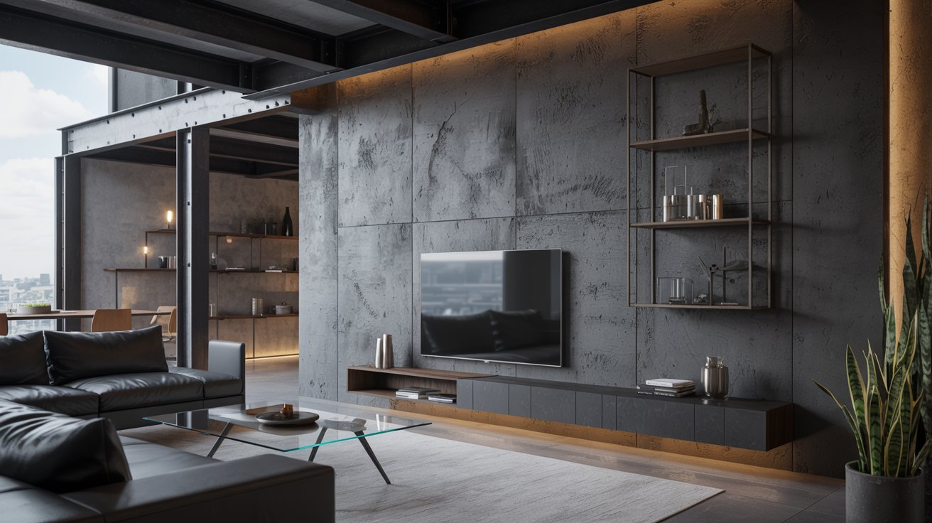 Modern living room featuring concrete walls and minimalist furniture, creating a sleek and contemporary atmosphere.