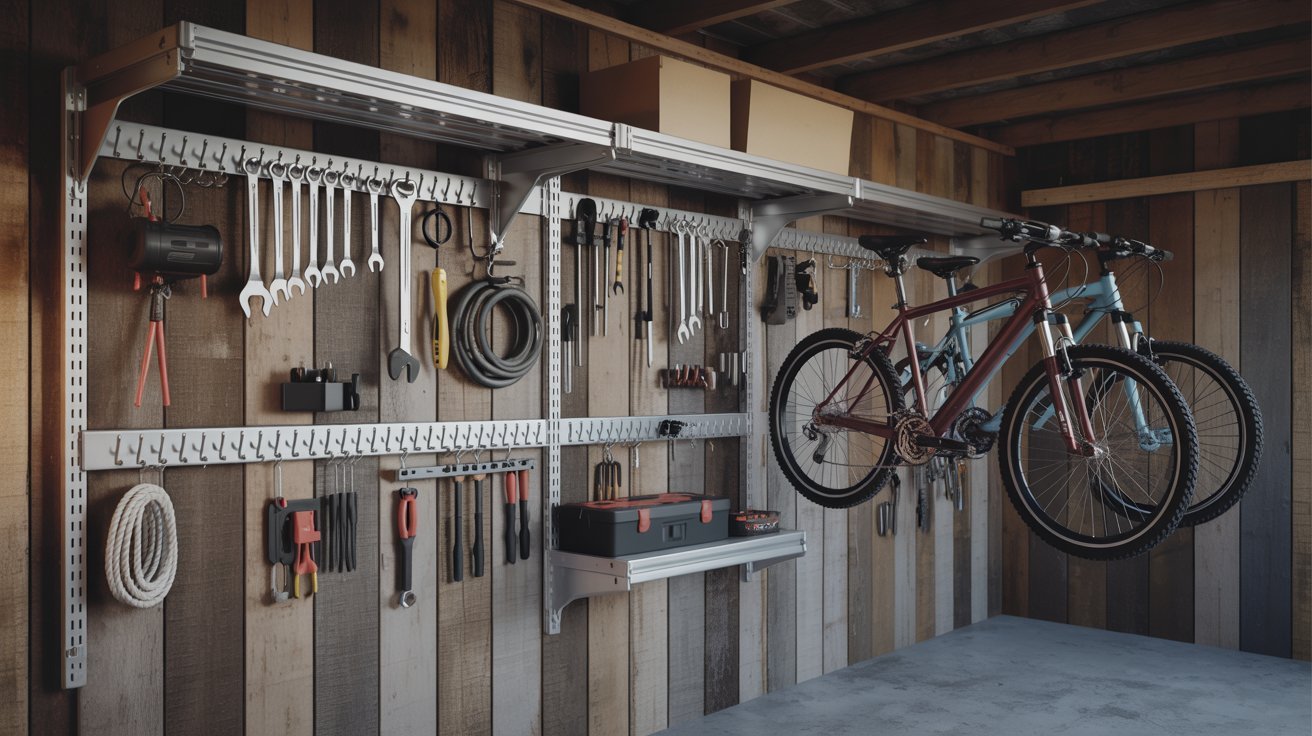 A garage interior featuring various tools and bicycles mounted on the wall, organized for easy access and use.
