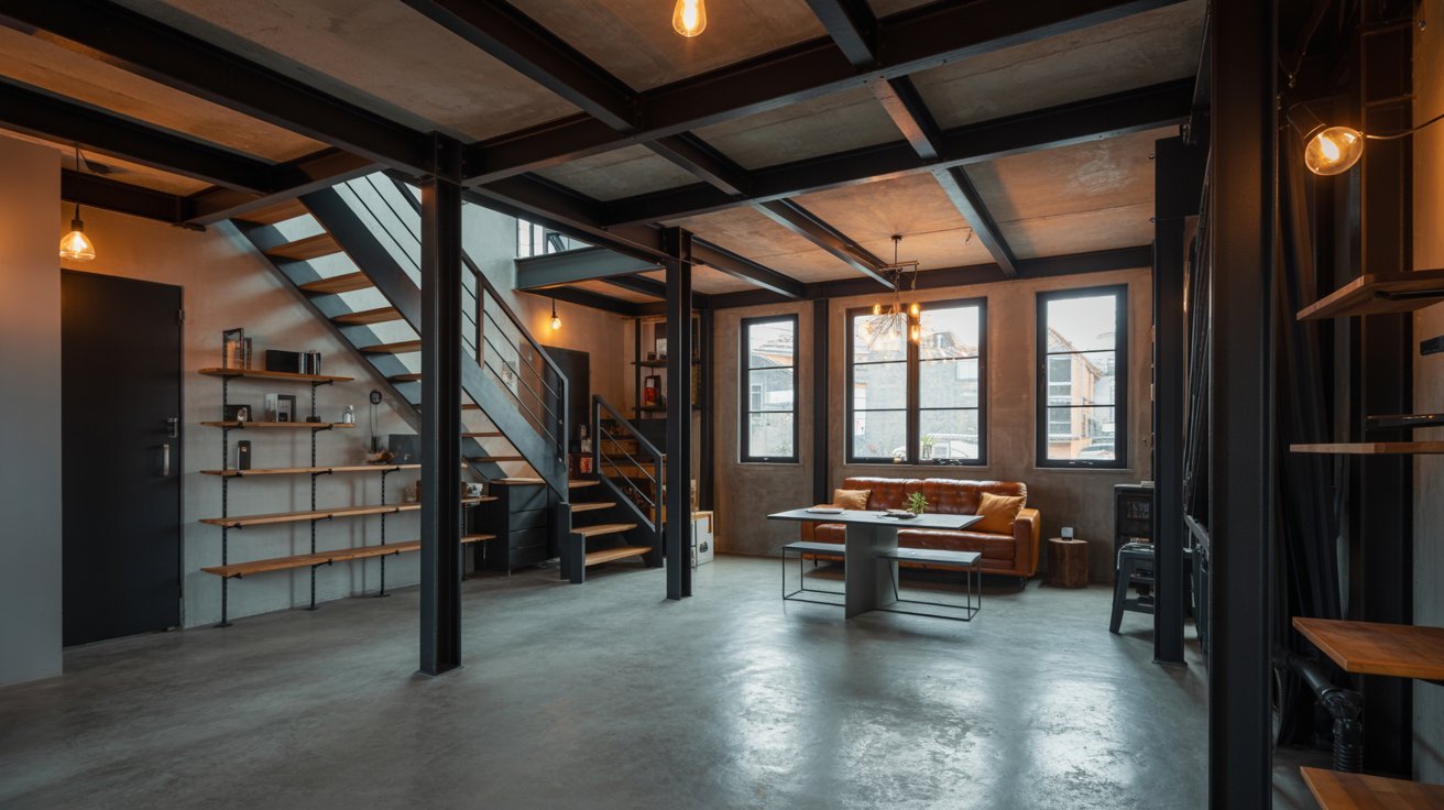 An industrial-style loft featuring a staircase and a wooden table, showcasing a modern and spacious interior design.