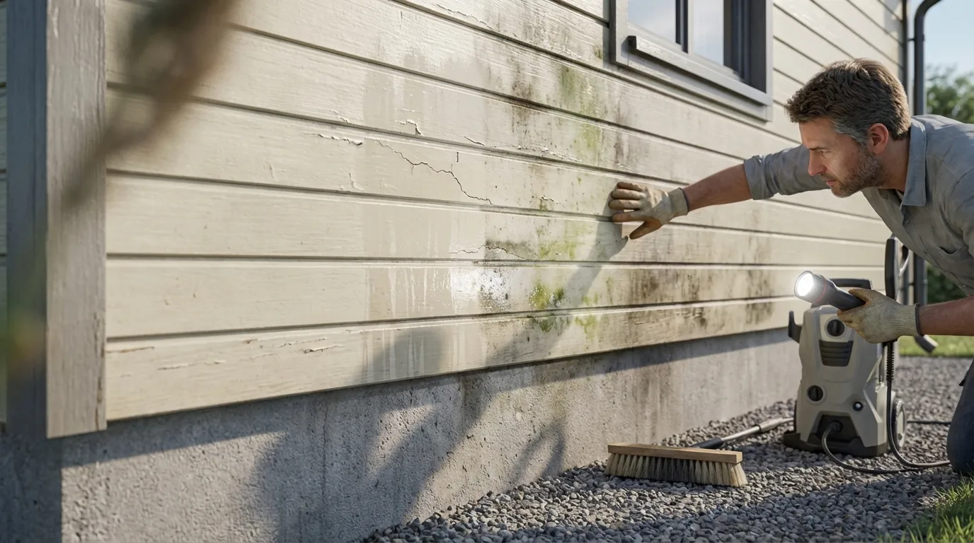 A man operates a power tool to clean the exterior wall of a house.