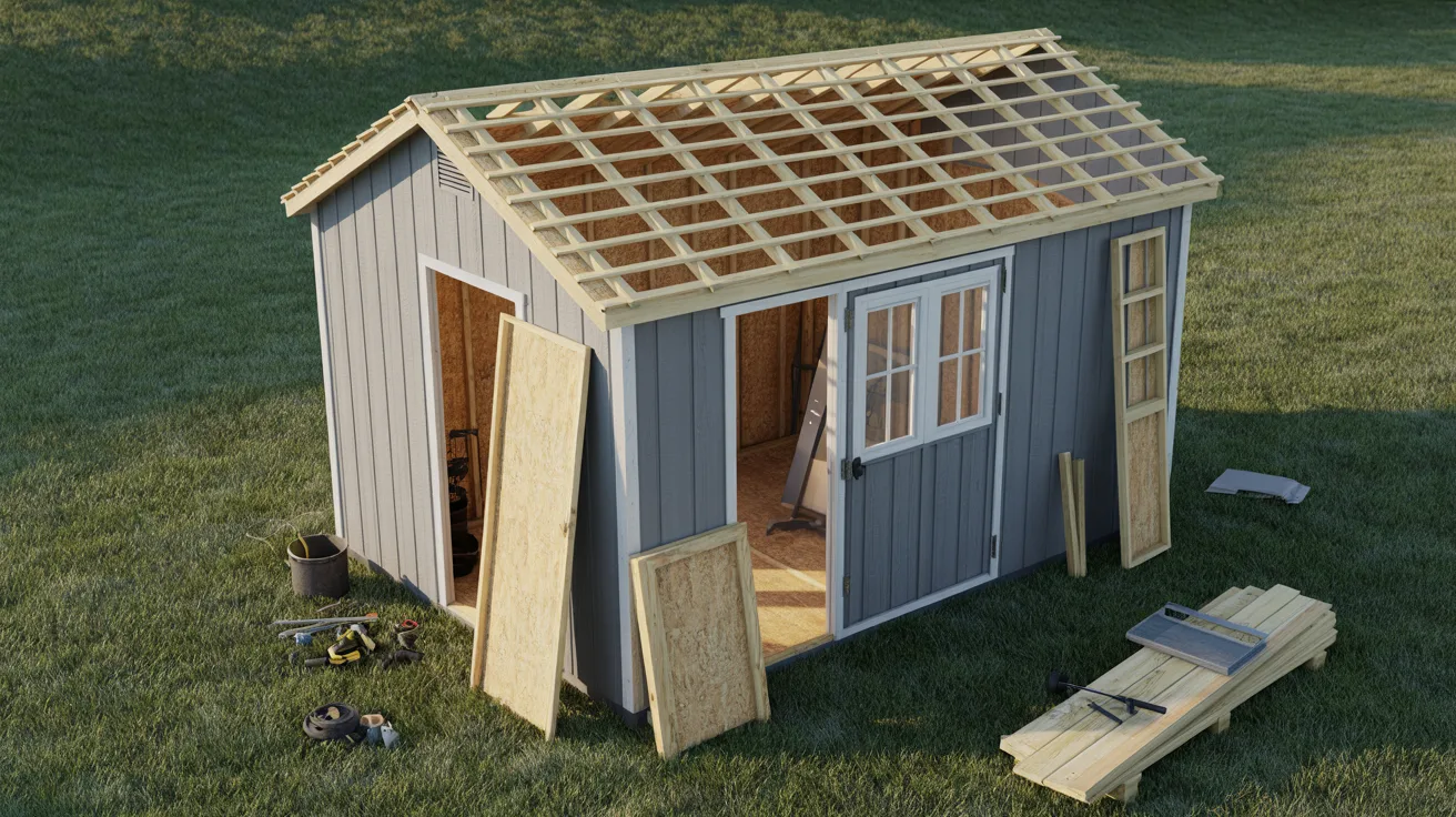 A wooden shed with a sloped roof and a ladder leaning against it, set in a grassy area.