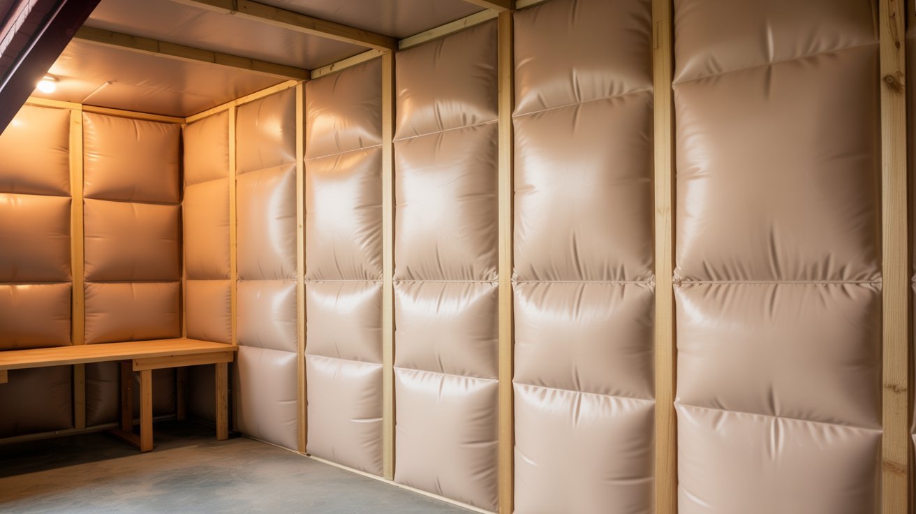 A room featuring a wooden table and a wall entirely covered in foam panels for soundproofing.
