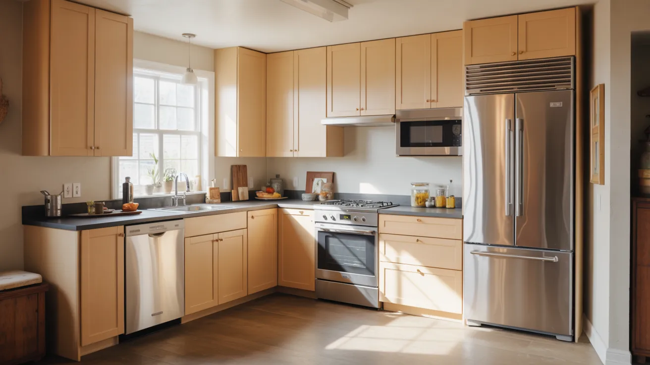 A modern kitchen featuring stainless steel appliances and elegant wooden cabinets.