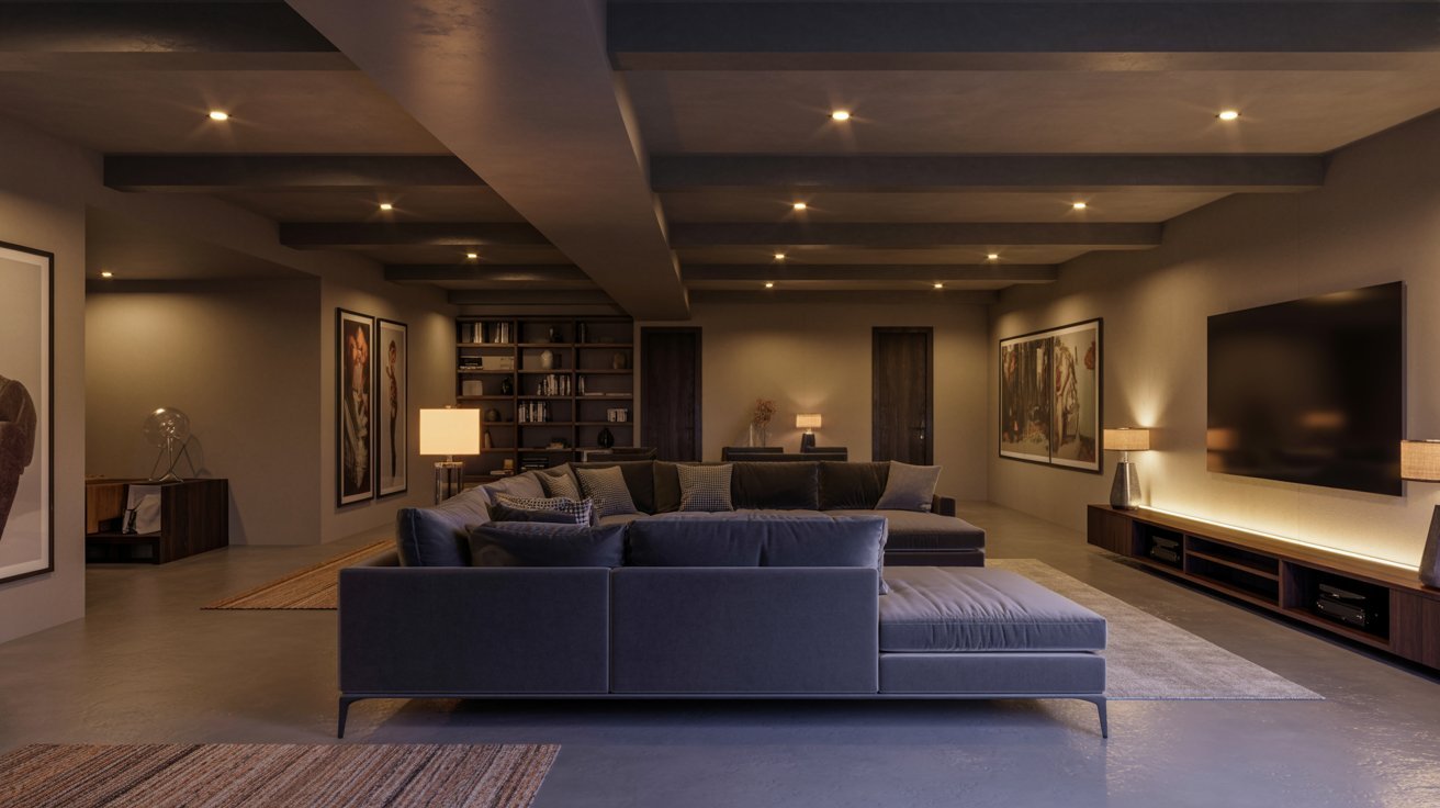 A modern living room featuring a stylish couch and a flat-screen television on a wall-mounted stand.