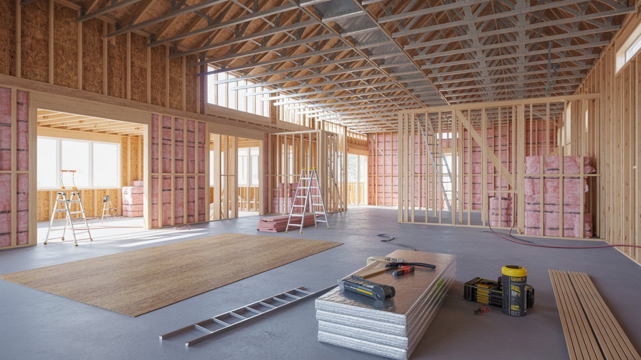 A room filled with various construction materials and tools, including wood, nails, and power tools.