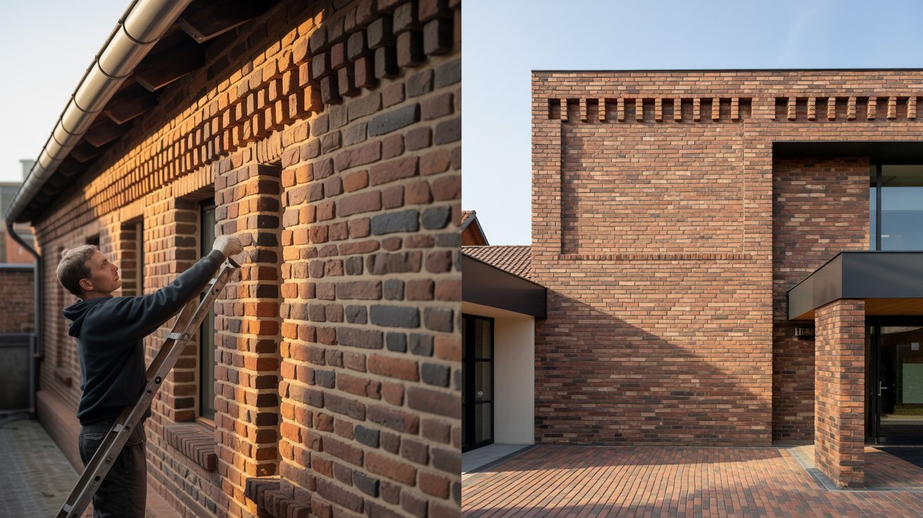 A man is engaged in building a brick wall, focusing on aligning the bricks for a solid structure.

