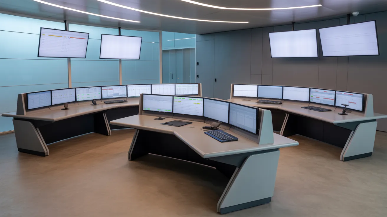A spacious control room filled with multiple monitors and computers, showcasing a high-tech operational environment.