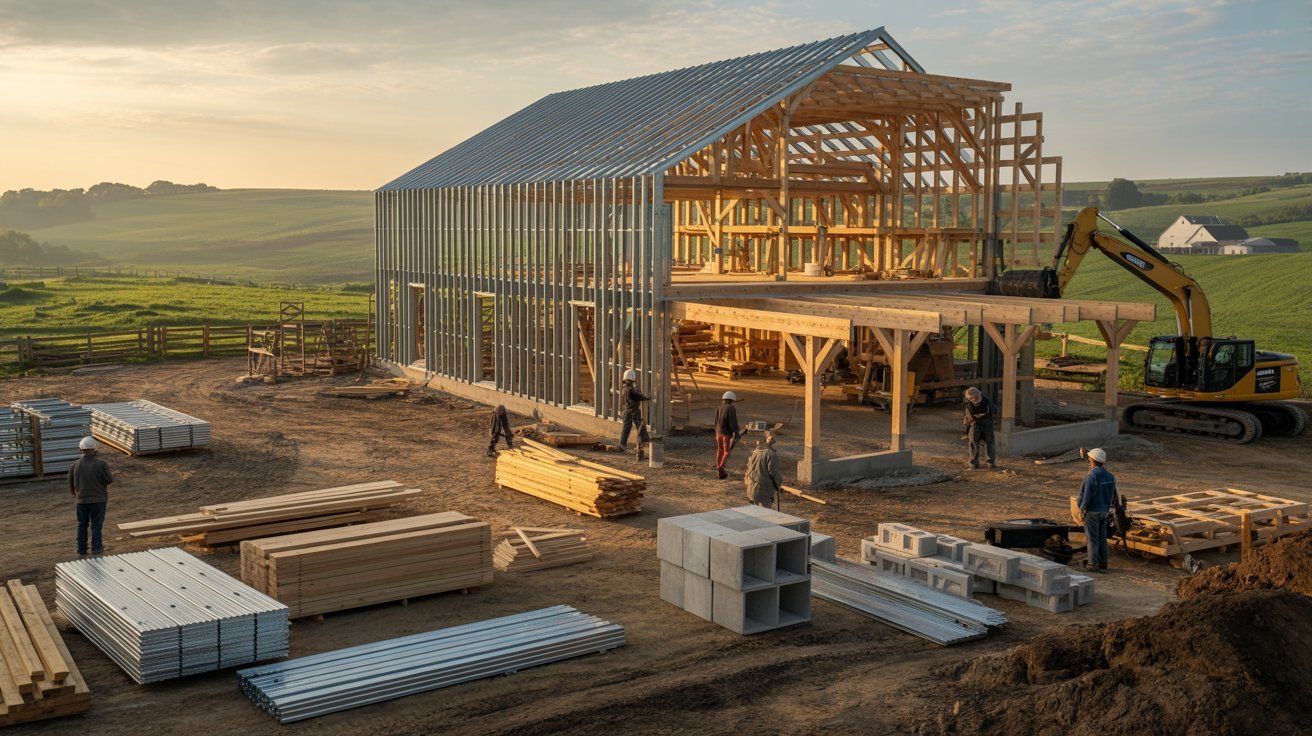 A construction site showing a barn being built with wooden beams against a clear sky.