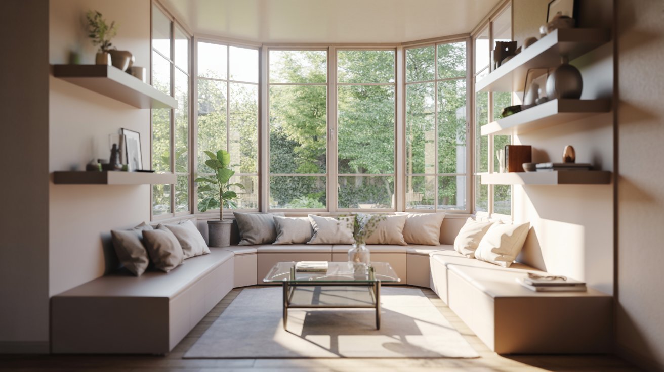 A cozy living room featuring a couch and a large window letting in natural light.