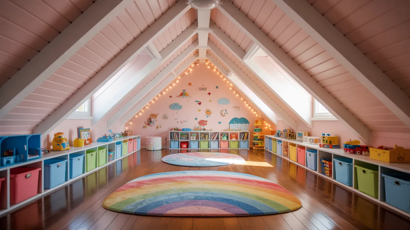 A colorful children's room featuring a vibrant rainbow rug on the floor, enhancing the playful atmosphere.