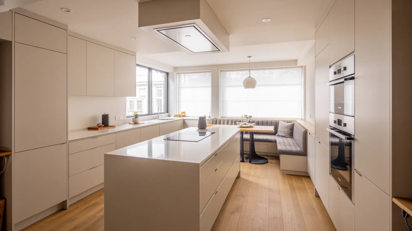 A spacious kitchen featuring a large island and a dining table, designed for cooking and gathering.