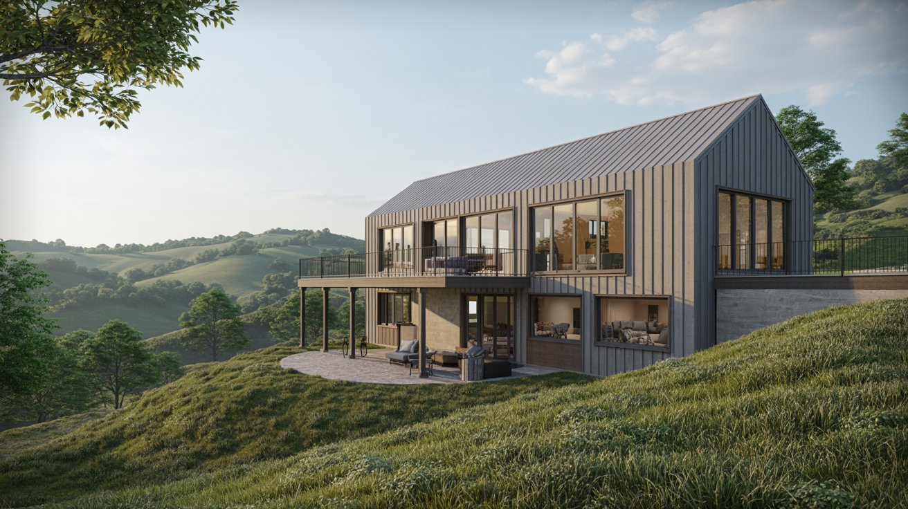  A modern house situated on a hillside, surrounded by trees and lush green grass.
