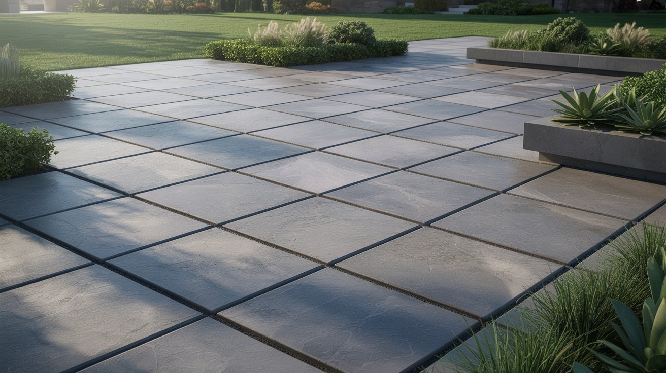 A modern patio featuring sleek concrete flooring surrounded by various green plants.