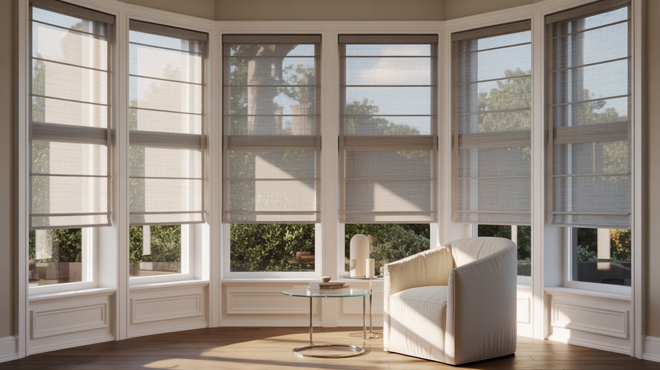  A cozy bay window with closed blinds and a comfortable chair positioned nearby.