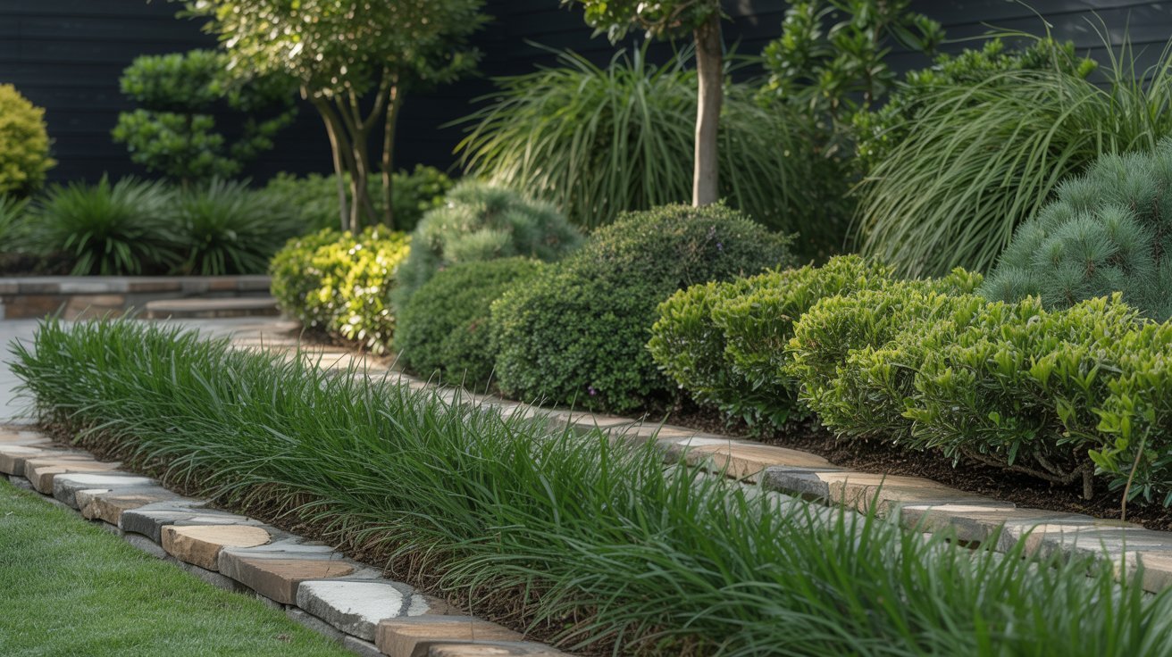 A picturesque garden showcasing a stone path amidst a carpet of green grass.