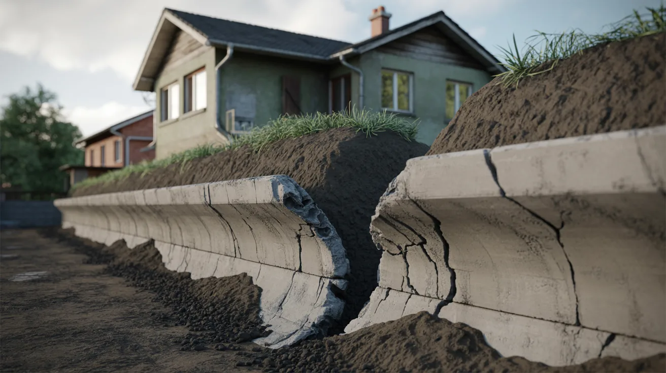 A house is visible in the background, framed by a textured concrete wall in the foreground.