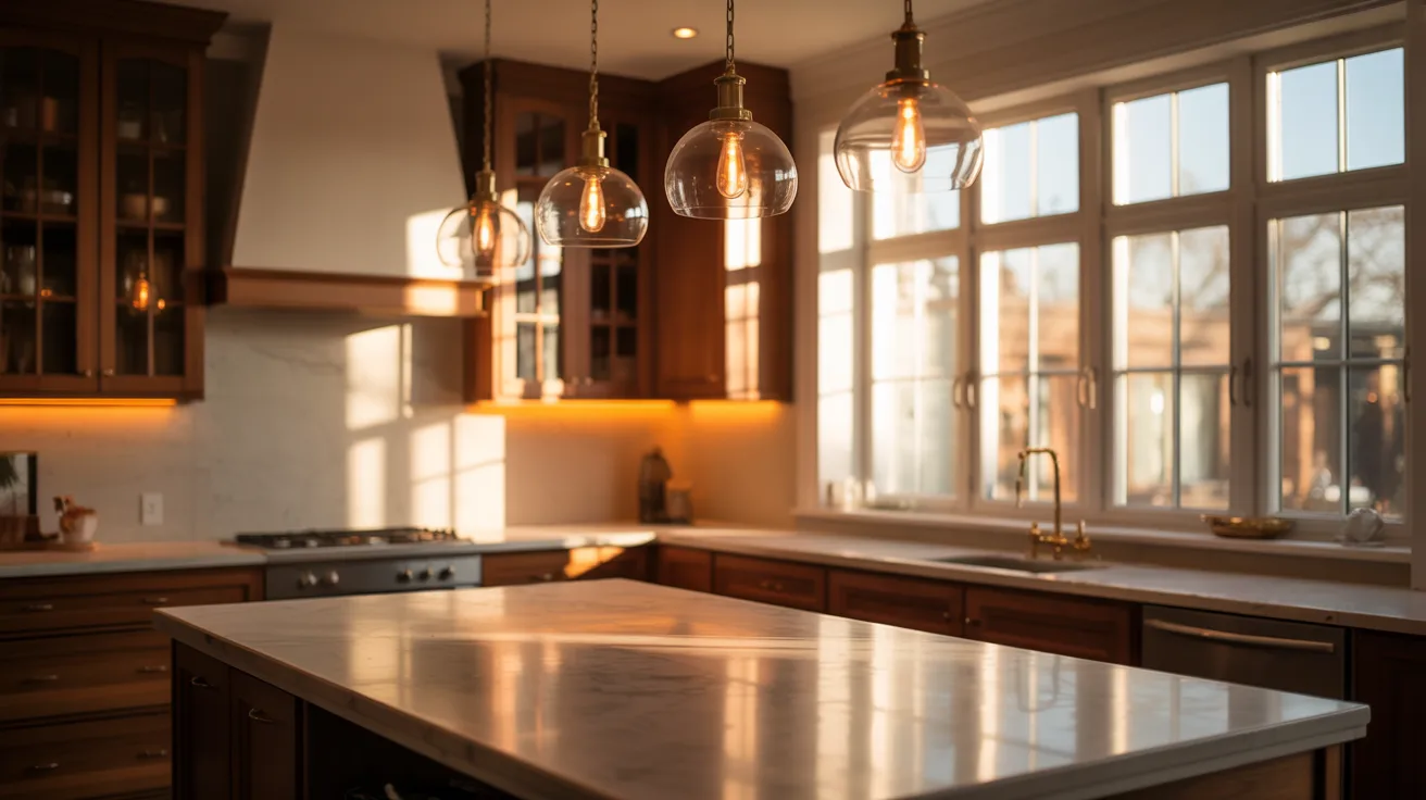 A modern kitchen featuring a large island illuminated by three stylish pendant lights overhead.