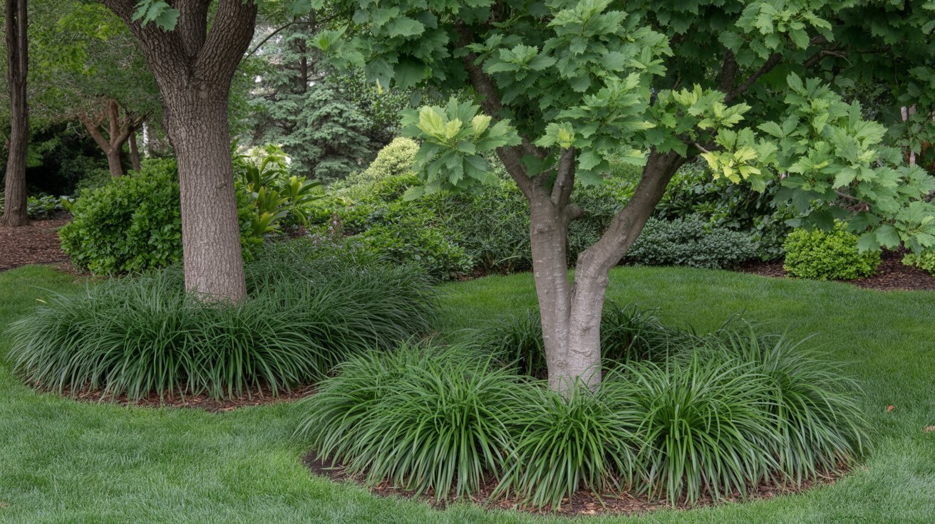  A lush green lawn surrounded by trees under a clear blue sky.
