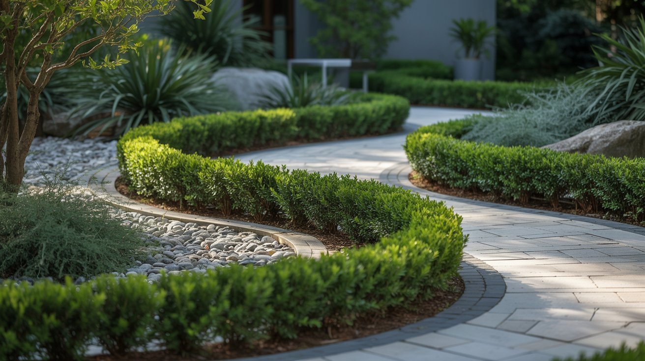 A stone path leads through lush shrubs, creating a serene walkway in a garden setting.
