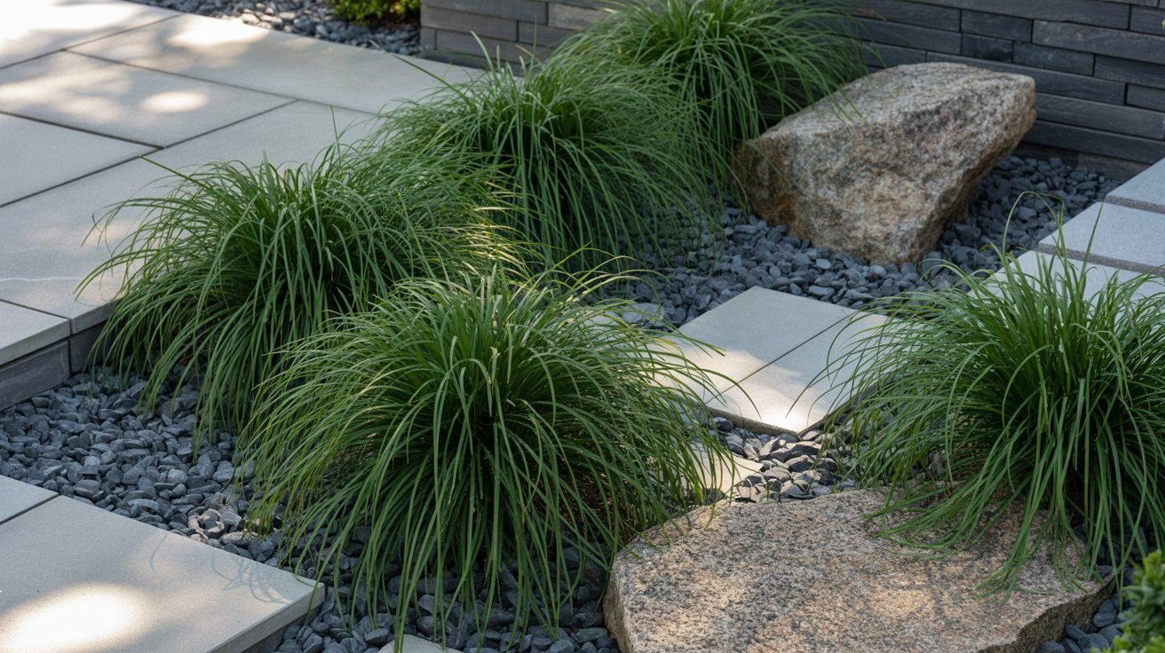 A garden featuring rocks and grasses in front of a house, showcasing a natural landscape design.