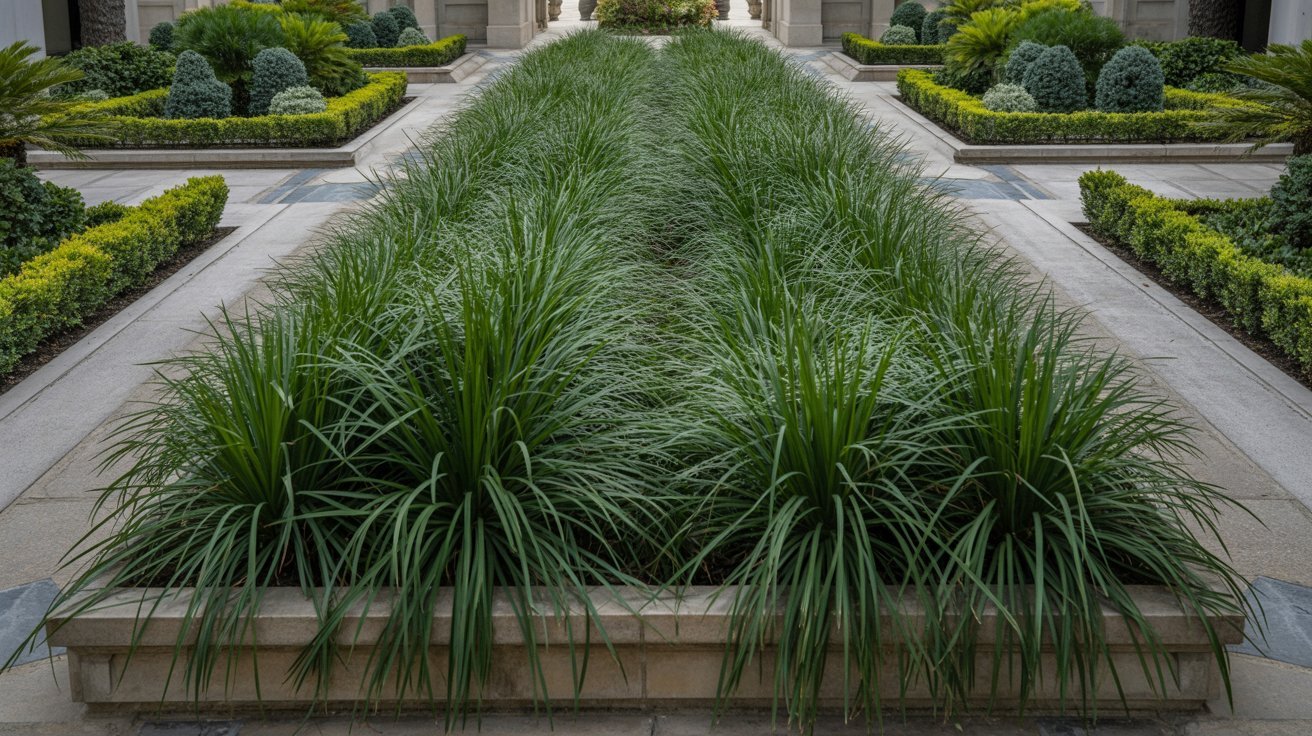 A long walkway bordered by grass and shrubs, creating a natural pathway through a landscaped area.