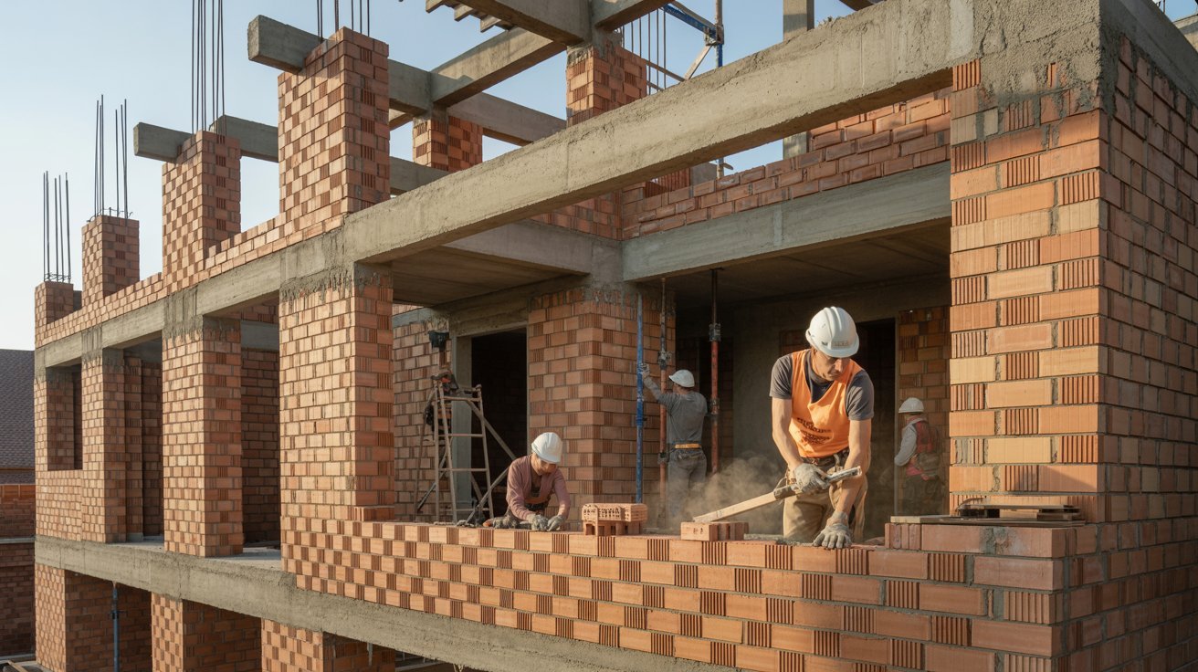 Construction workers are actively building a brick structure, using tools and materials on a construction site.
