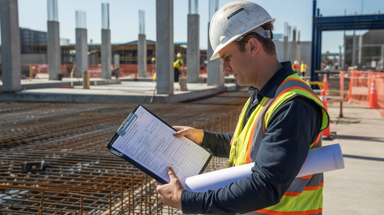 A man with a hard hat and safety vest stands with a clipboard, suggesting he is overseeing a construction project.