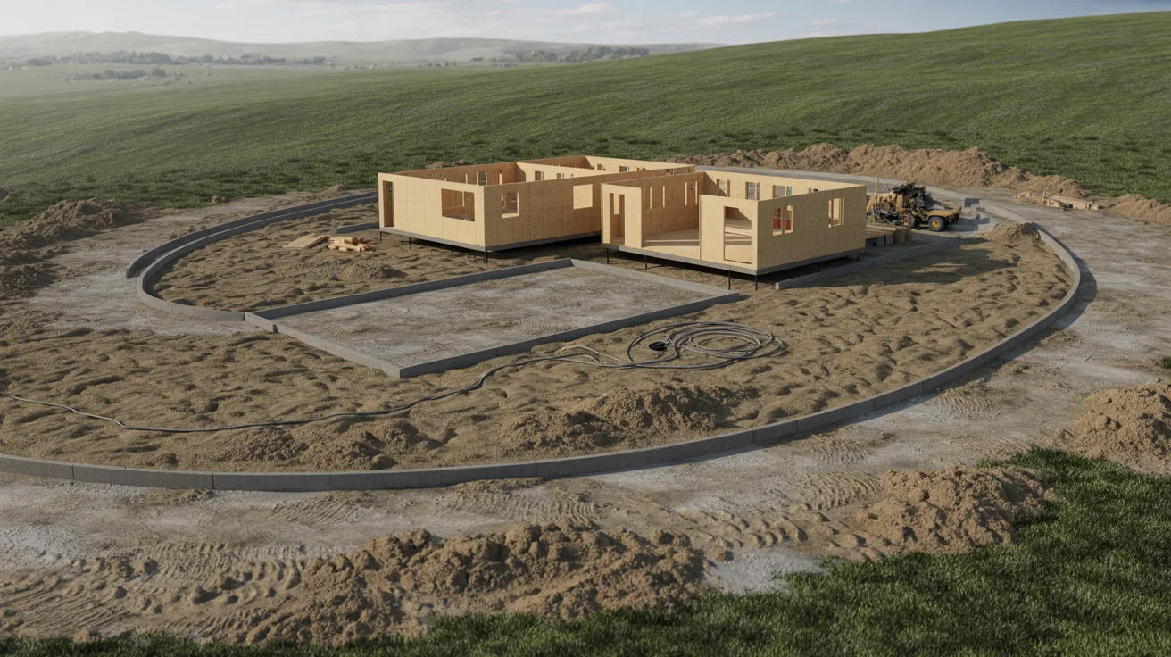  A house under construction in a grassy field, with building materials and tools visible around the site.