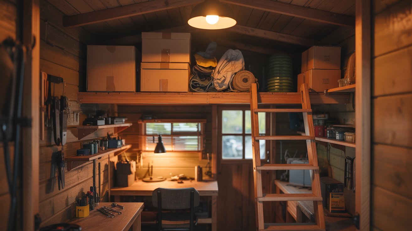  A small cabin featuring a ladder and a desk, set in a cozy, rustic environment.
