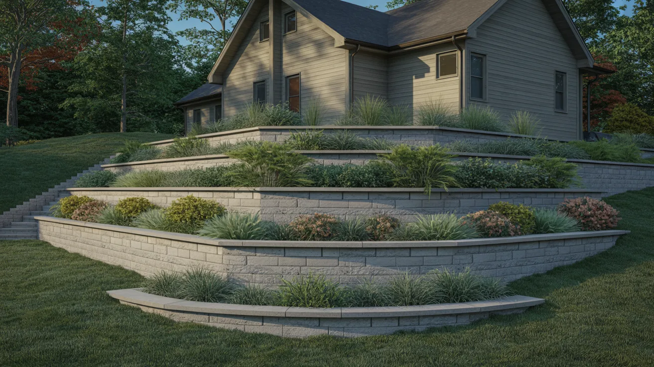 A house featuring a stone retaining wall surrounded by well-maintained landscaping.
