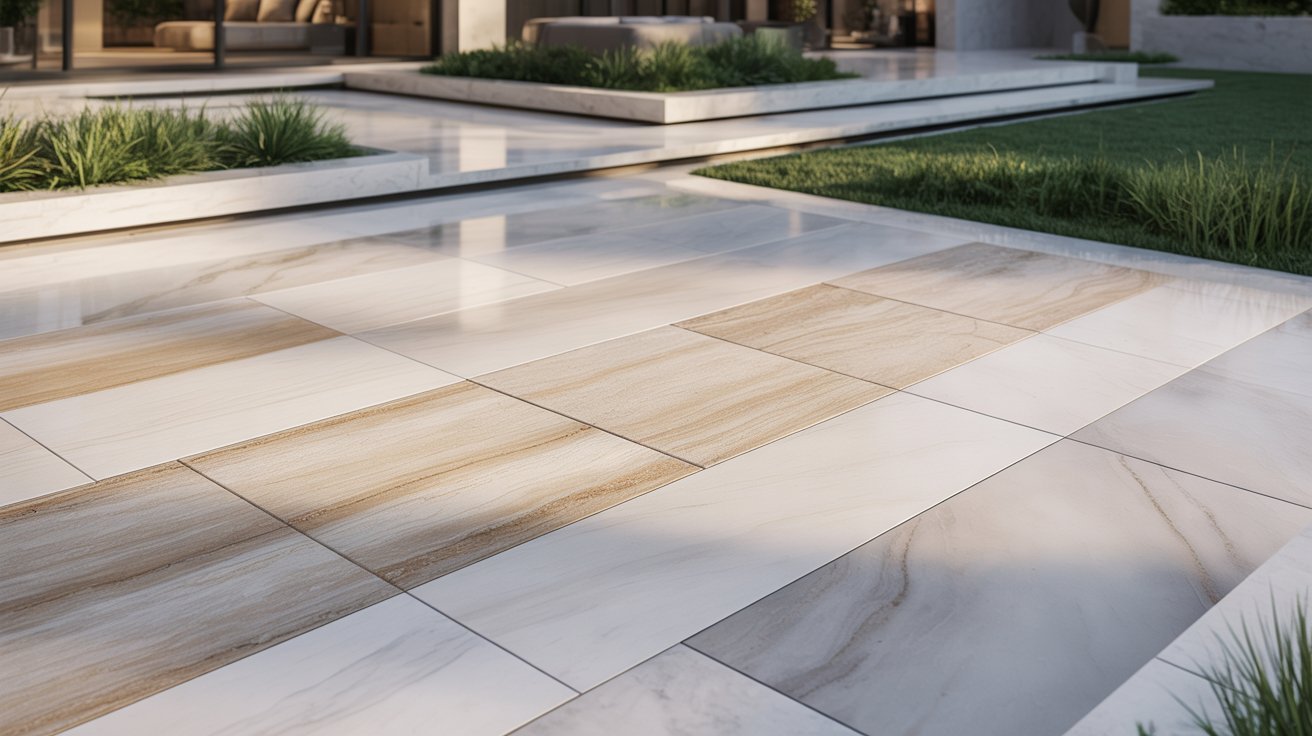 A modern house featuring a spacious patio area, designed for outdoor relaxation and entertainment.
