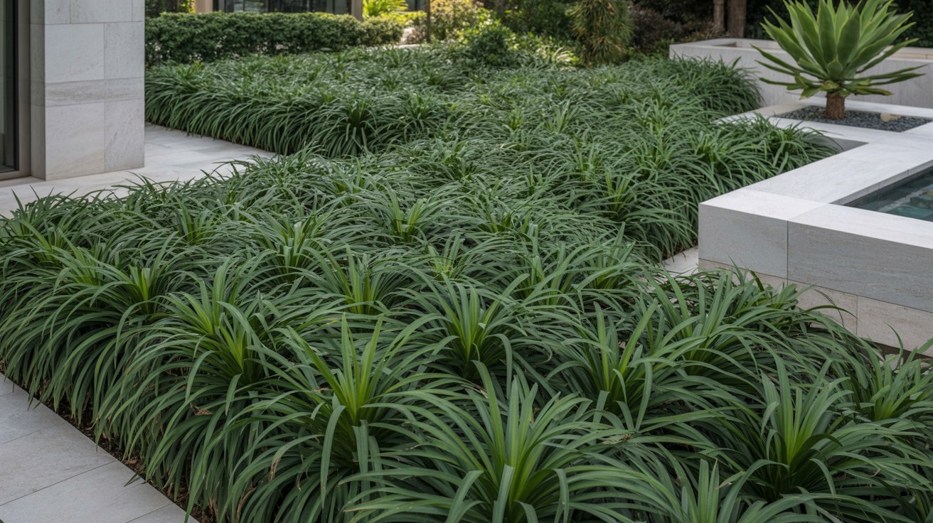 A spacious garden featuring a large green lawn surrounded by various plants and flowers.