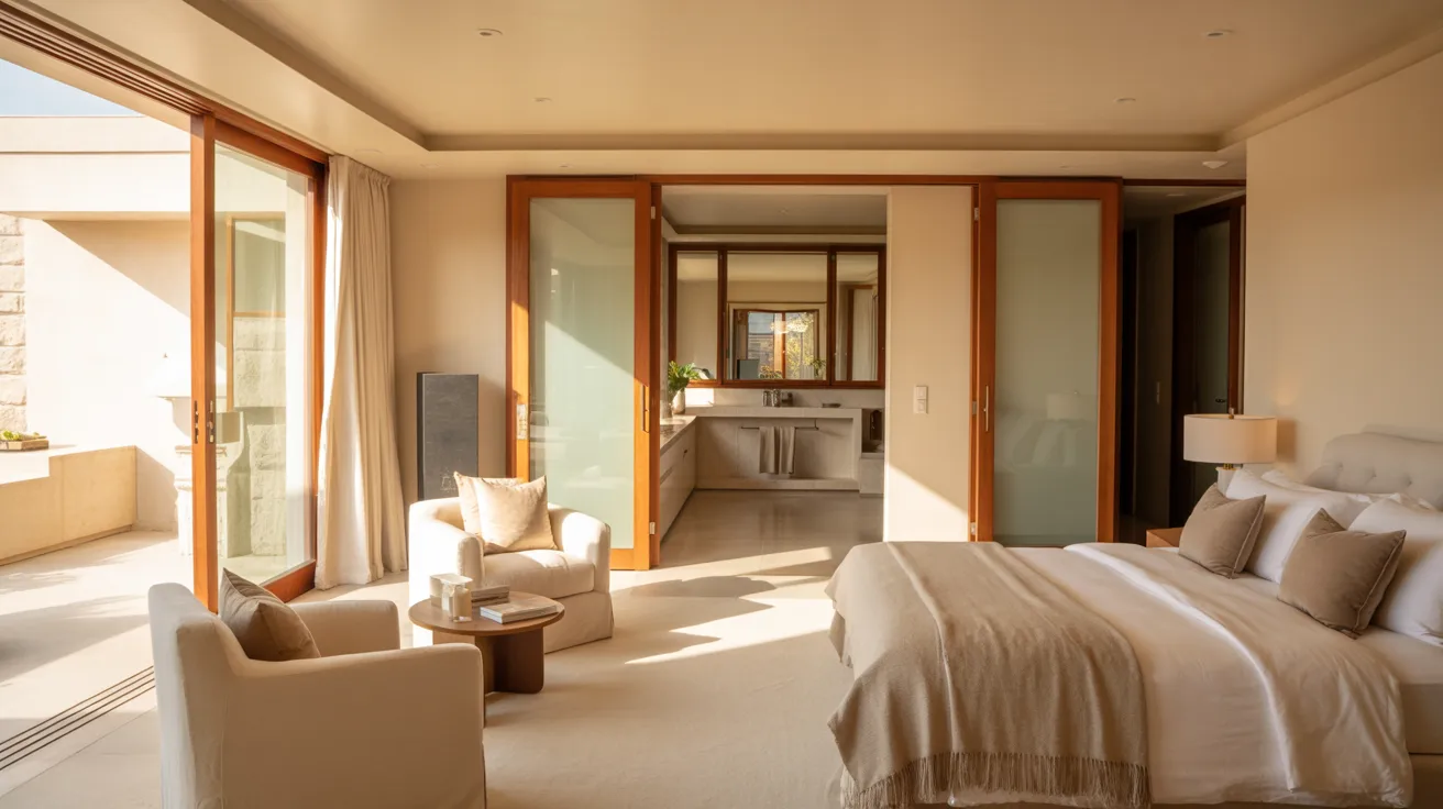 A spacious bedroom featuring a large bed and sliding glass doors leading to an outdoor area.