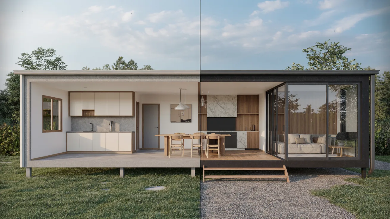 A small house featuring a cozy kitchen and dining area, designed for comfortable living and family gatherings.