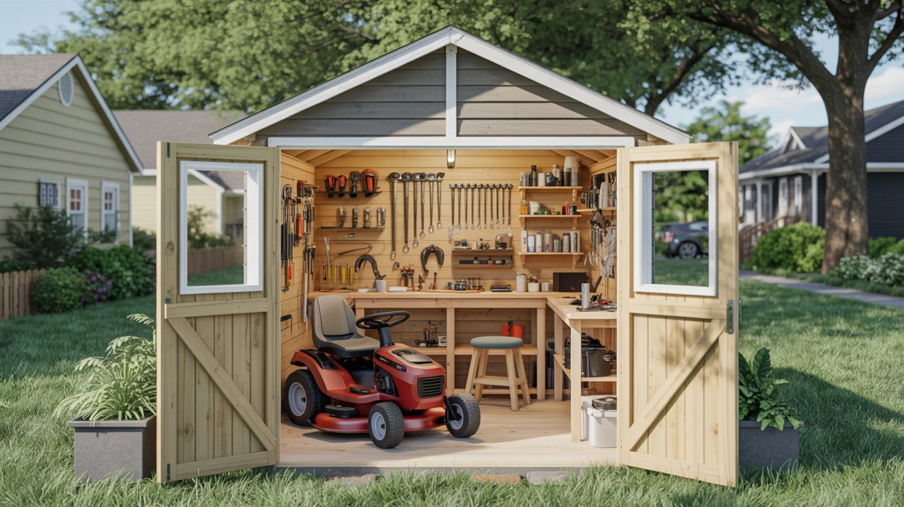 A small shed containing a lawn mower, surrounded by gardening tools and equipment.