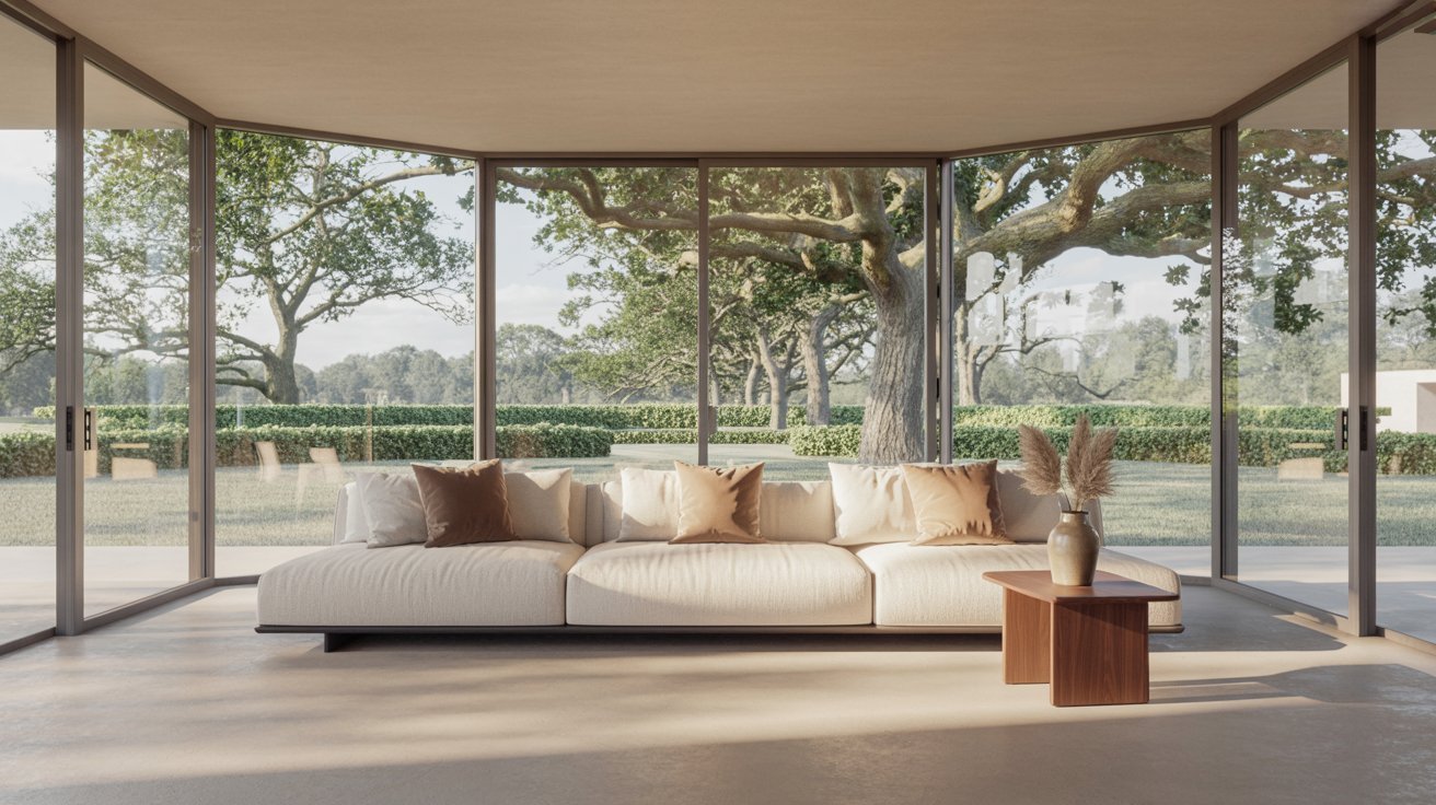 A bright living room featuring large windows and a comfortable couch, creating an inviting atmosphere.