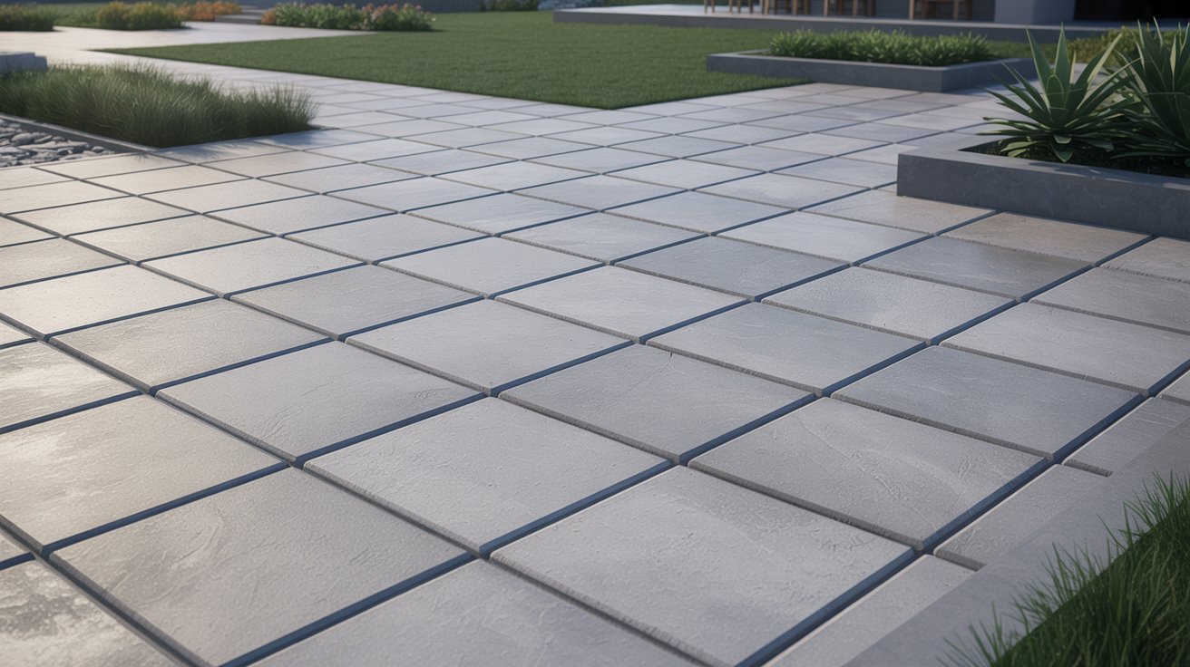 A modern patio featuring a spacious stone floor, designed for outdoor relaxation and gatherings.
