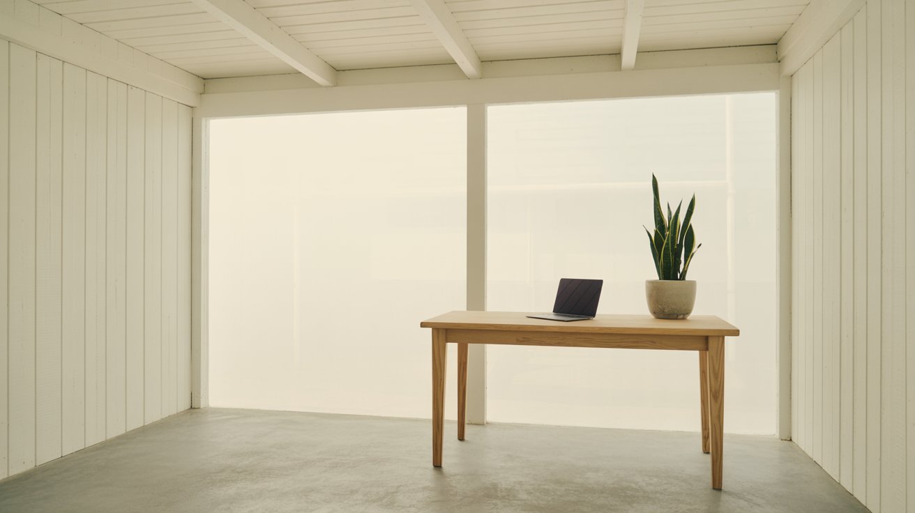  A minimalist white room showcasing a table with a laptop, emphasizing a simple and organized work environment.