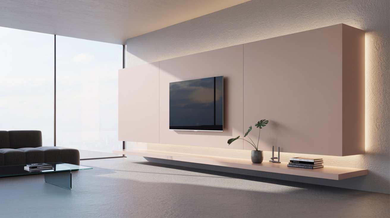 A modern living room featuring a large TV mounted on the wall, complemented by contemporary furniture and decor.