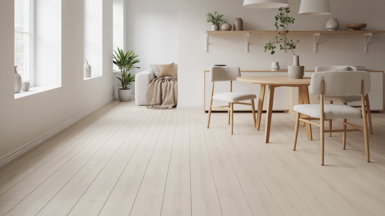 A bright white dining room featuring wooden floors and a simple wooden table set for a meal.